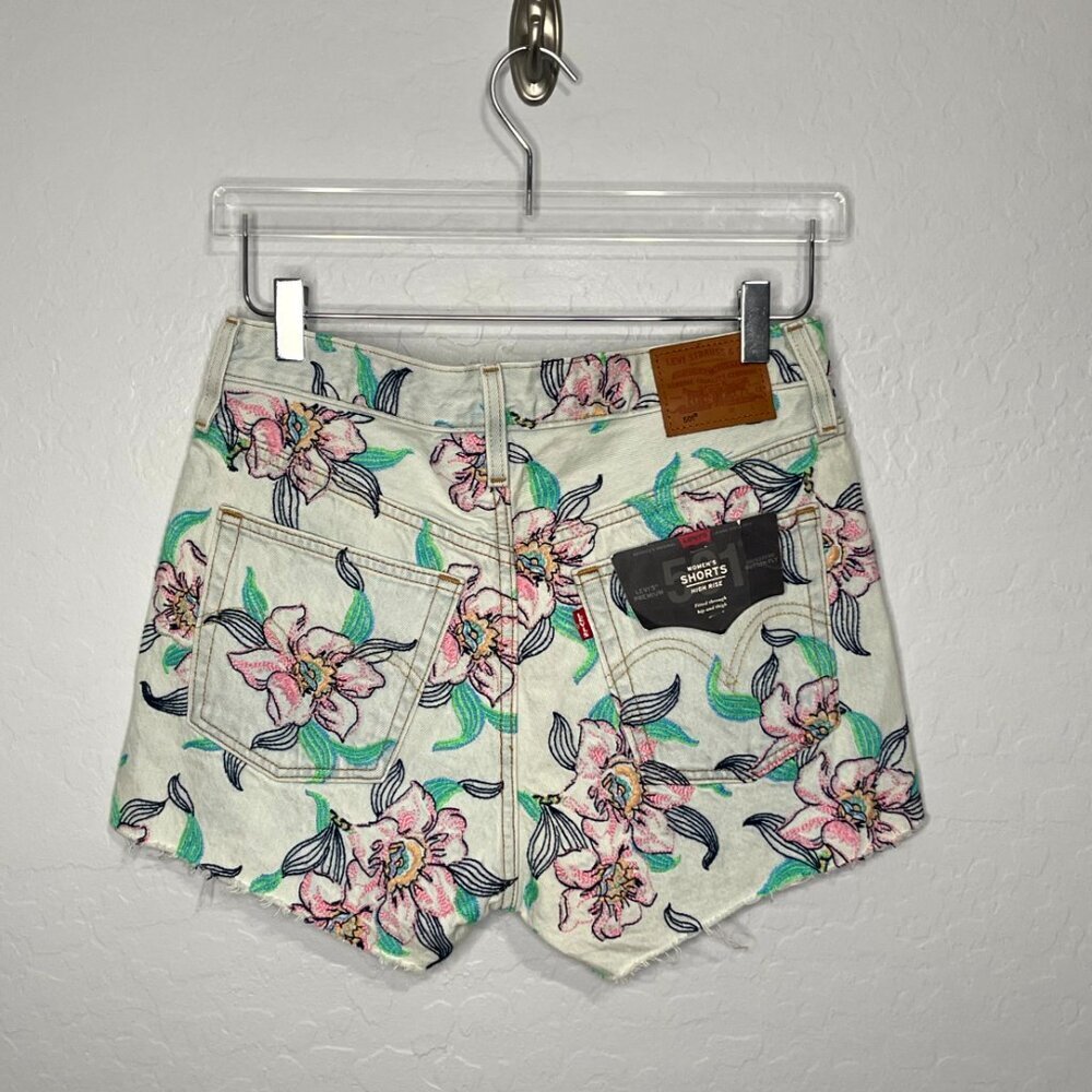 Levi's 501 Floral Pastel Embroidery Hi Rise Button Fly Cut Off Shorts Size 28 - Picture 8 of 8
